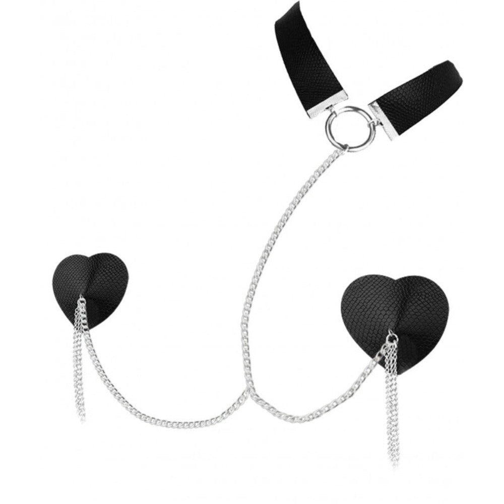Black heart-shaped nipple pasties with chains and a collar.