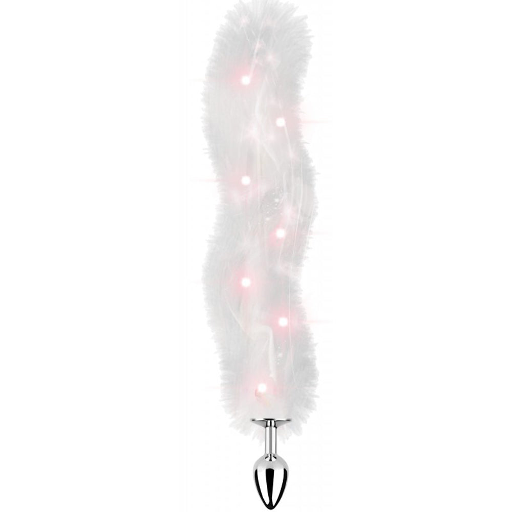 White fluffy tail anal plug with pink LED lights.
