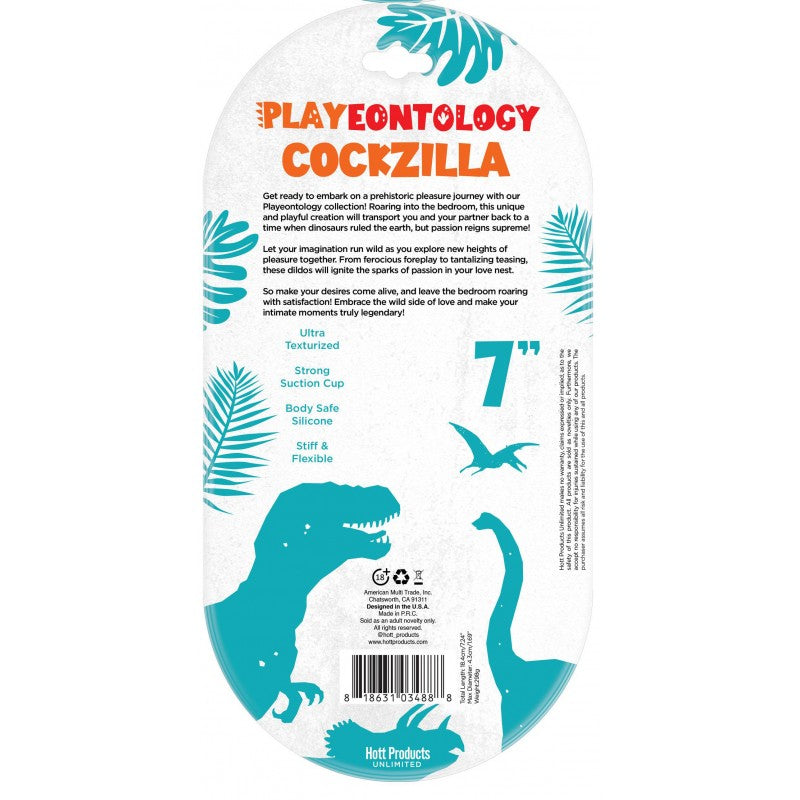 A 7-inch dinosaur-shaped silicone dildo with a suction cup.