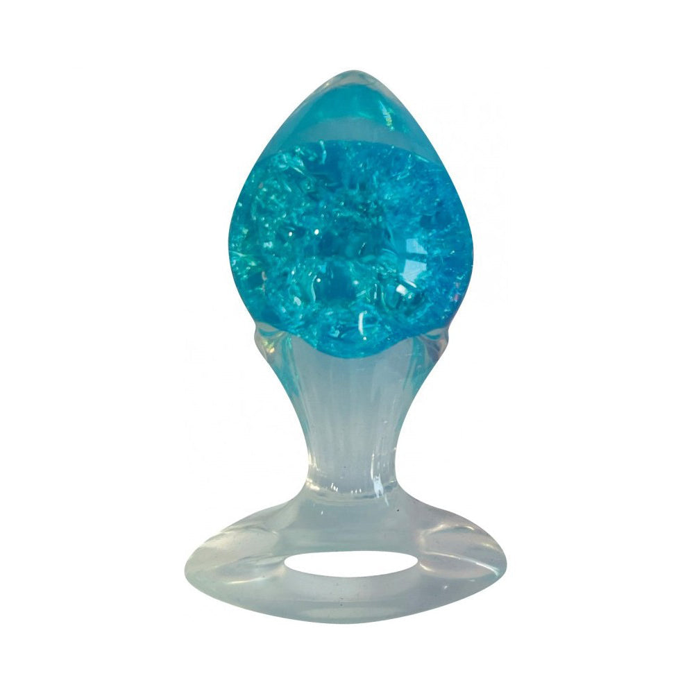 Blue silicone butt plug with a gem-shaped top and flared base.