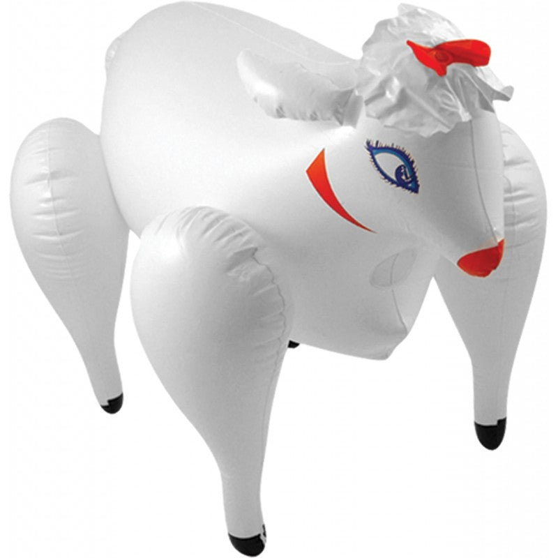Inflatable white sheep novelty doll with red accents.