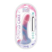 A pink and blue marbled vibrating G-spot toy in packaging.
