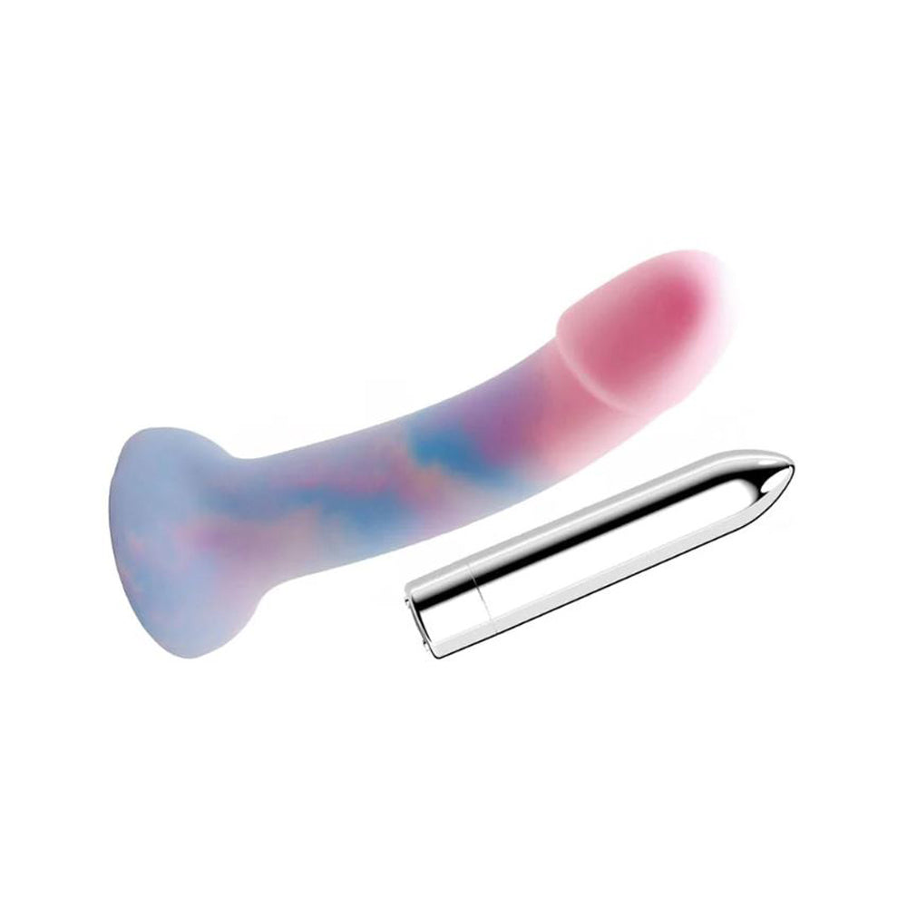 A pink and blue marbled G-spot vibrator with a silver bullet vibrator.