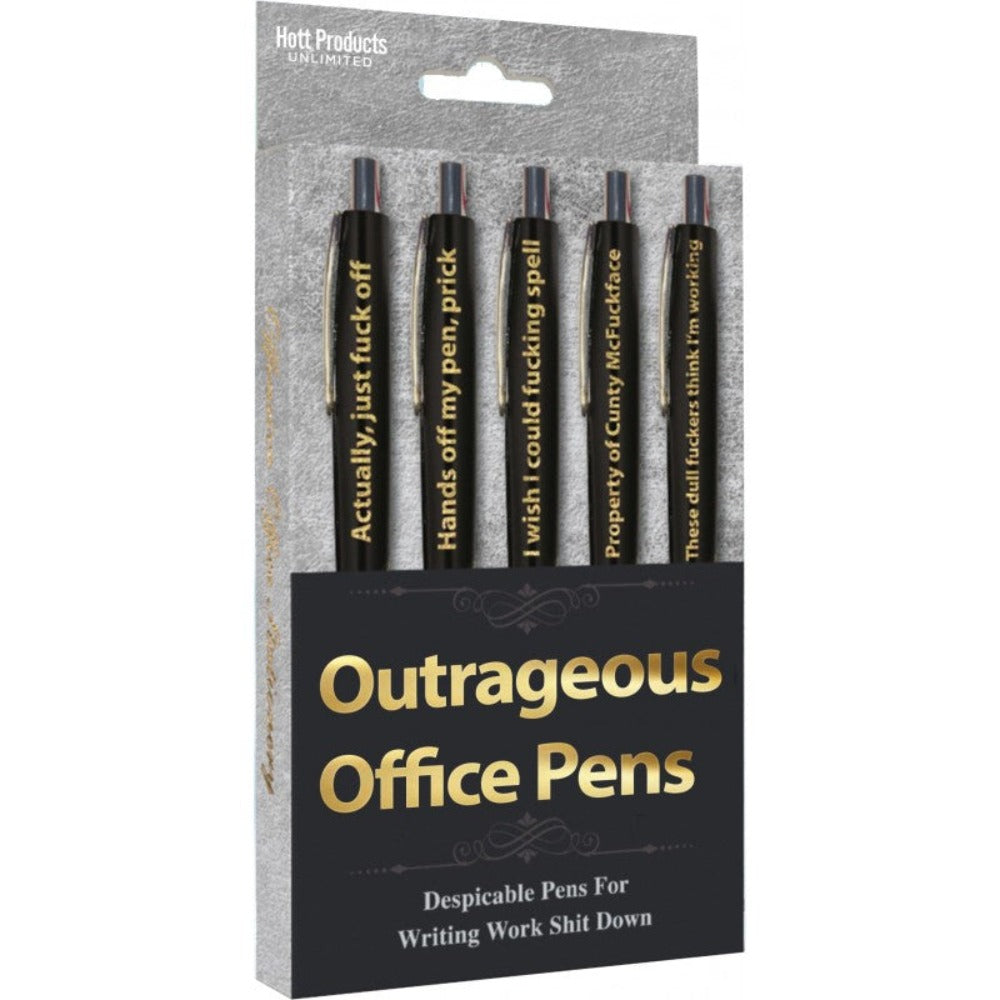 A 5-pack of black pens with gold lettering featuring rude office sayings.