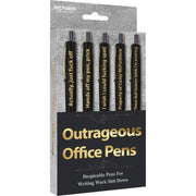 A 5-pack of black pens with gold lettering featuring rude office sayings.