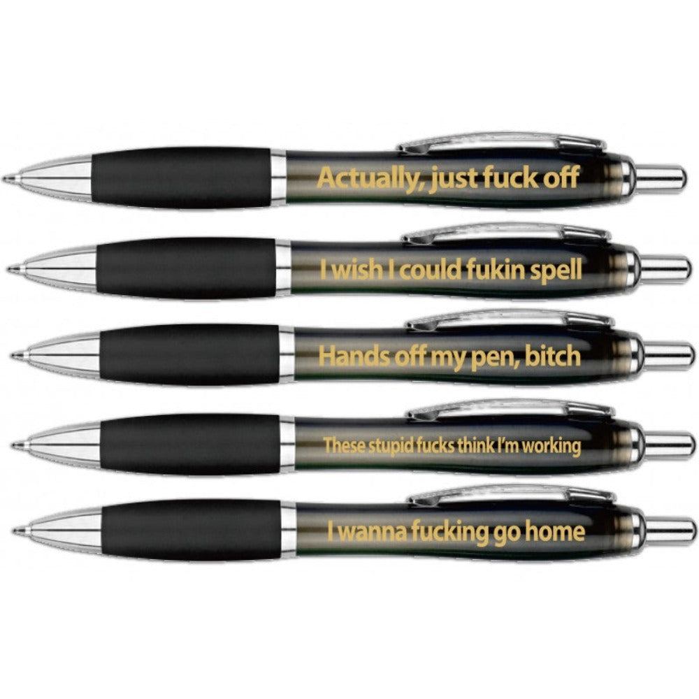 Five black pens with silver tips, each featuring a different rude saying in gold text.