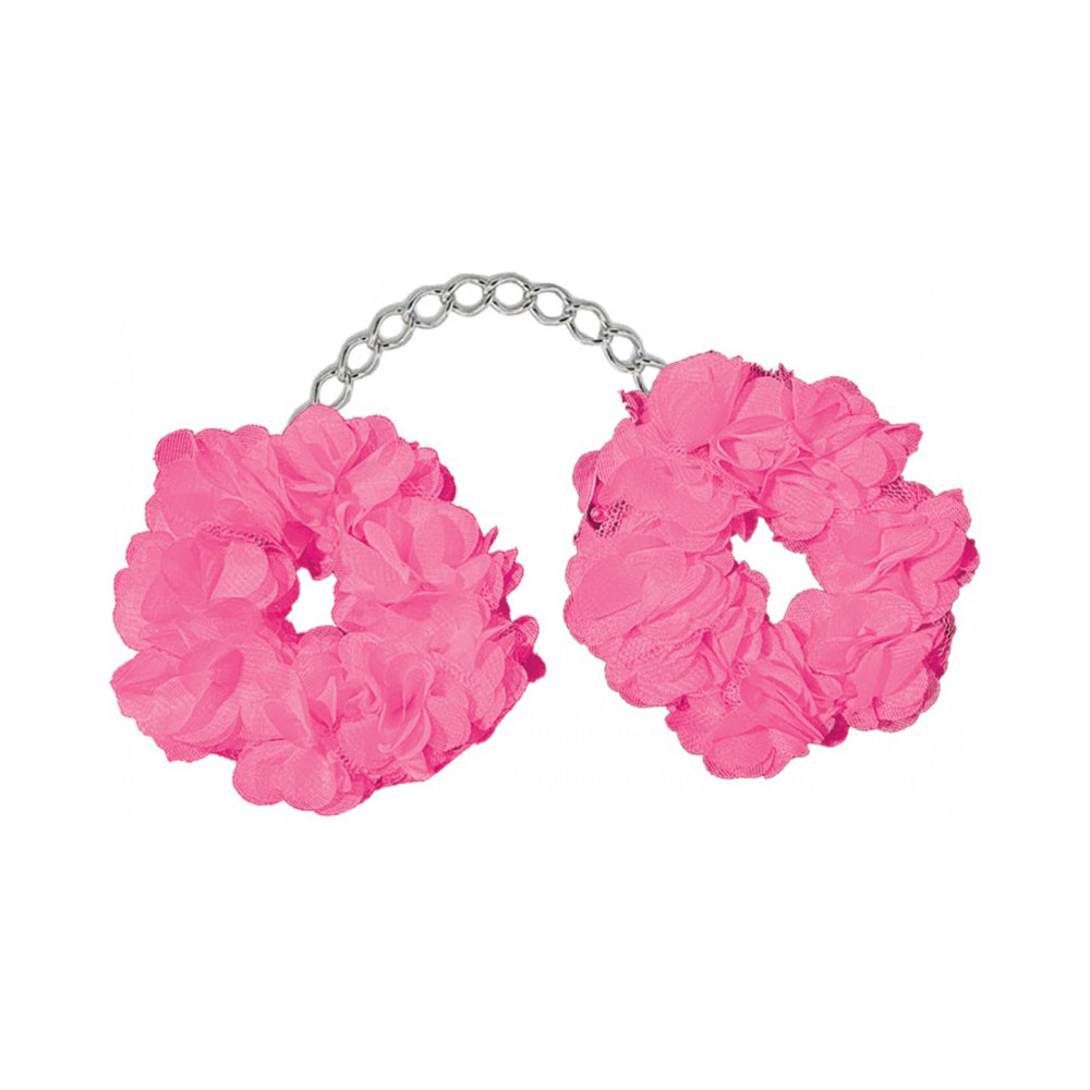 Pink plush handcuffs with a silver chain.