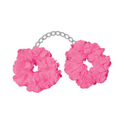 Pink plush handcuffs with a silver chain.