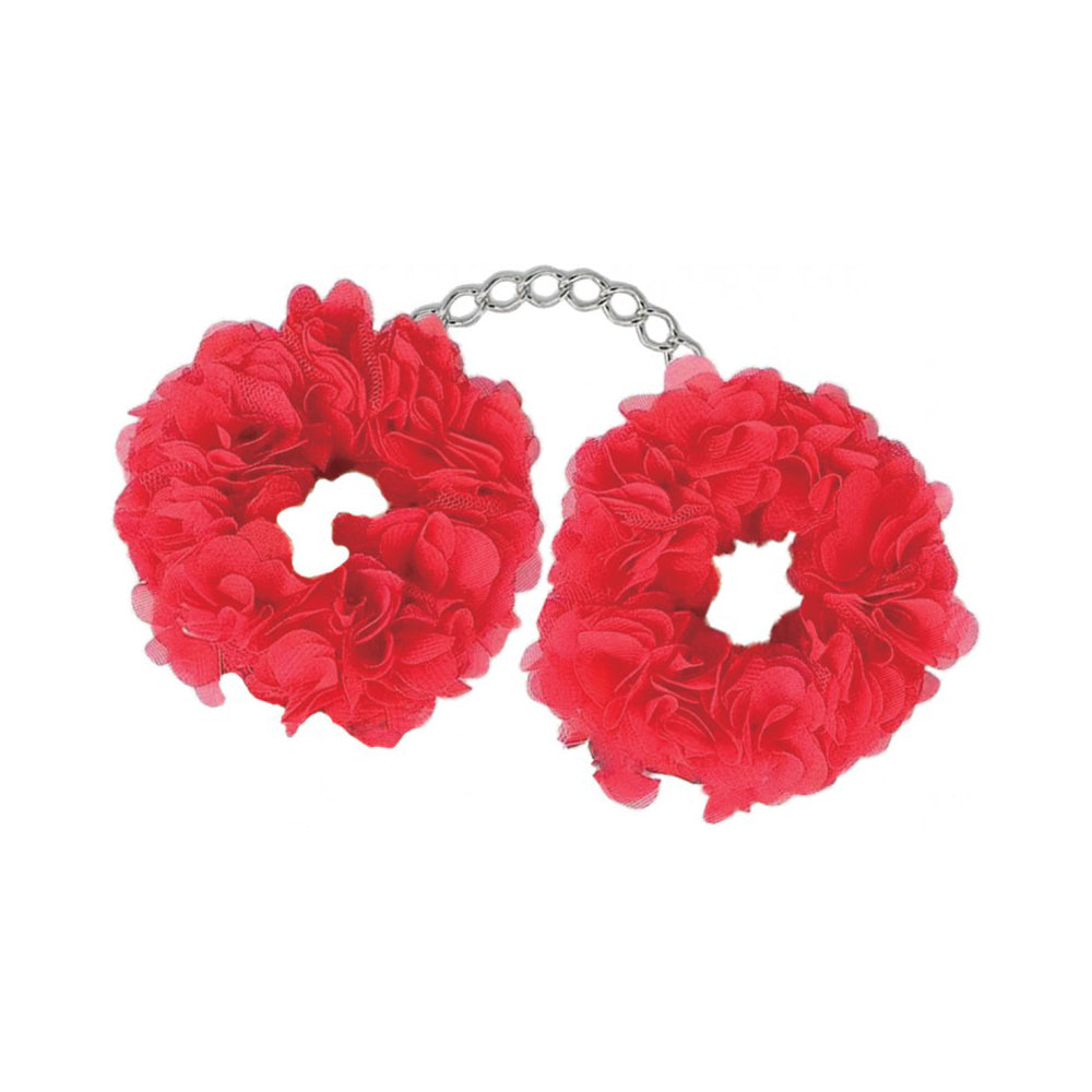 Red floral soft handcuffs connected by a silver chain.