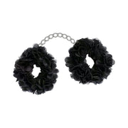 Black fabric handcuffs with a silver chain.