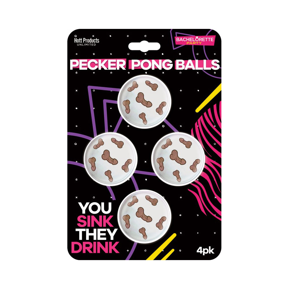Four novelty beer pong balls with phallic designs in packaging.
