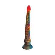 Bendable rainbow tentacle dildo with a flared base.