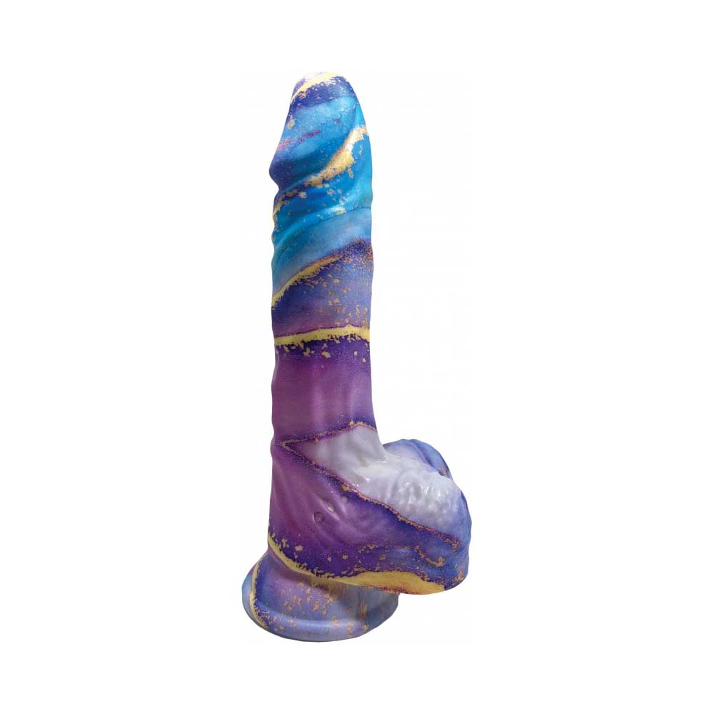 Blue and purple swirled 8-inch textured silicone dildo with suction cup base.