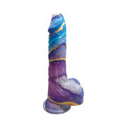 Blue and purple swirled 8-inch textured silicone dildo with suction cup base.