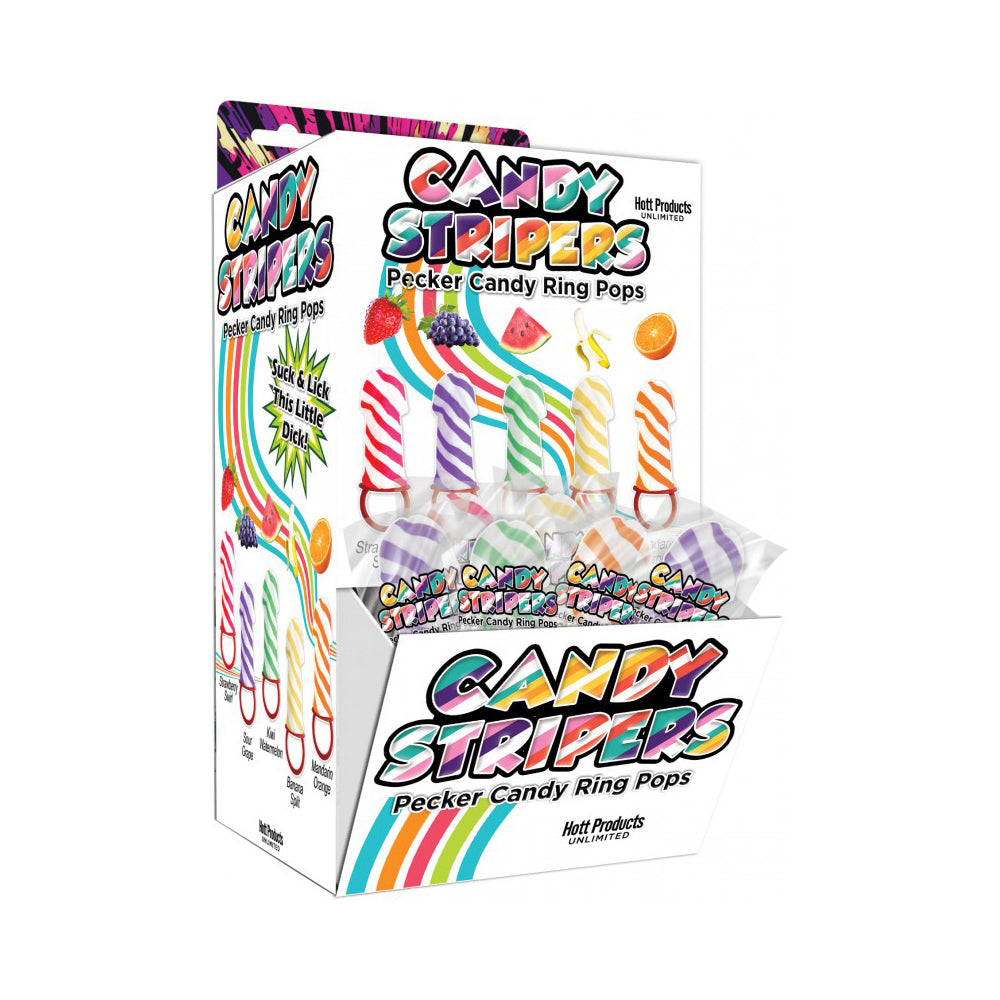 Candy Stripers Pecker Candy Ring Pops in assorted fruit flavors.
