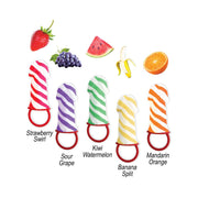 Assorted fruit flavored ring pops with playful designs.