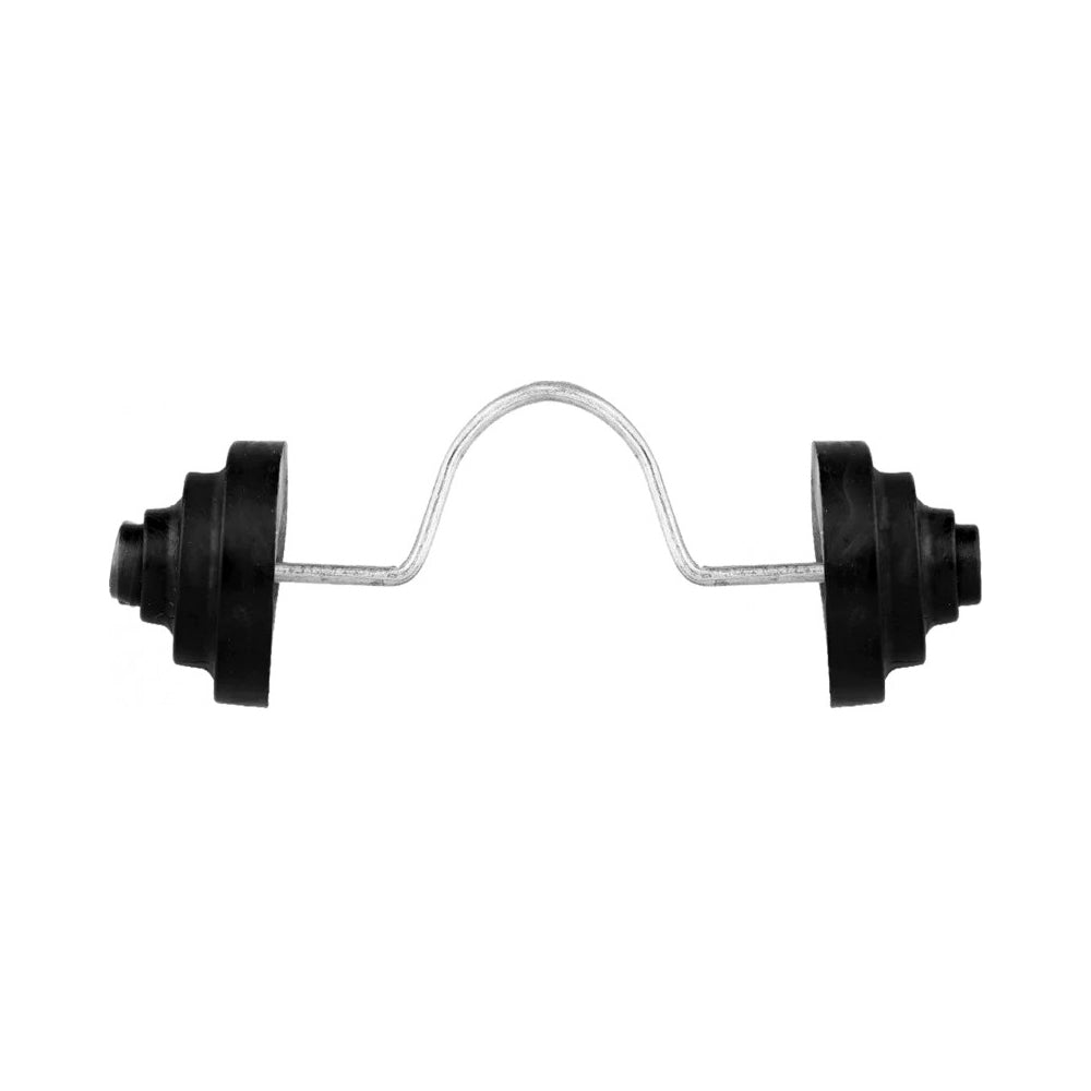 Curved barbell with black weights on each end.