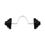 Curved barbell with black weights on each end.