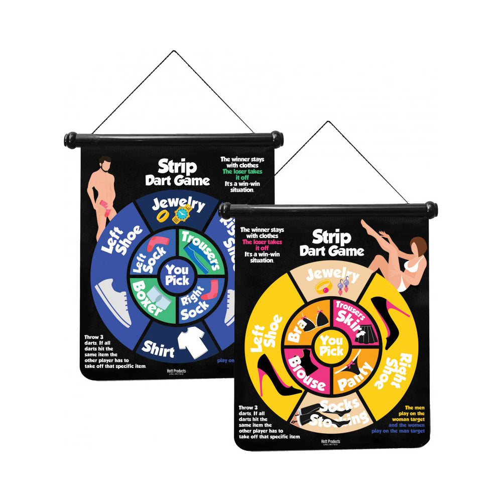 Two reversible magnetic strip dart games with clothing items on the wheels.