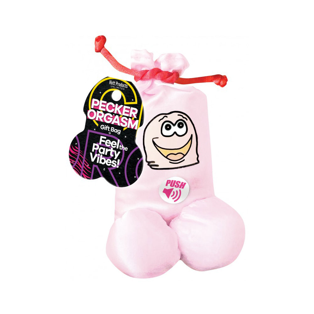 A pink phallic-shaped gift bag with a cartoon face and a push button.