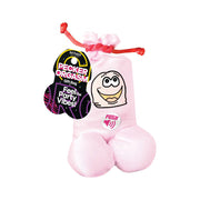 A pink phallic-shaped gift bag with a cartoon face and a push button.