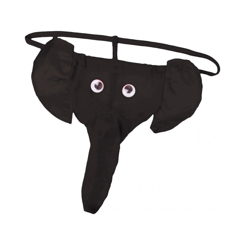 Black cotton elephant novelty thong with googly eyes.