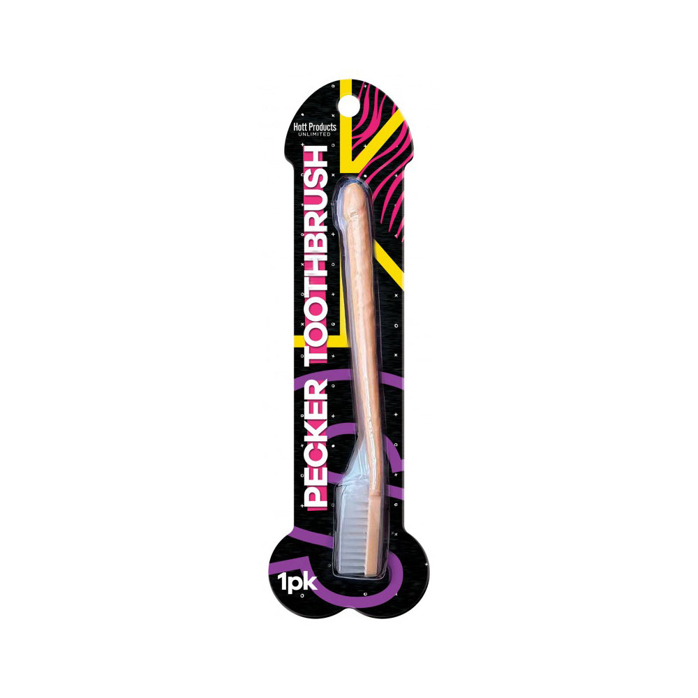 A novelty toothbrush with a pecker-shaped handle and medium bristles.