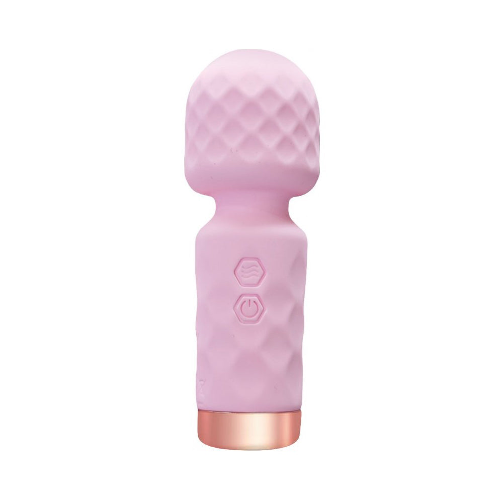 Pink silicone vibrator with textured head and base.