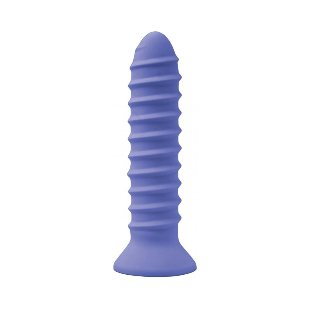 A purple silicone vibrator with a ribbed texture and a flared base.