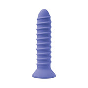 A purple silicone vibrator with a ribbed texture and a flared base.