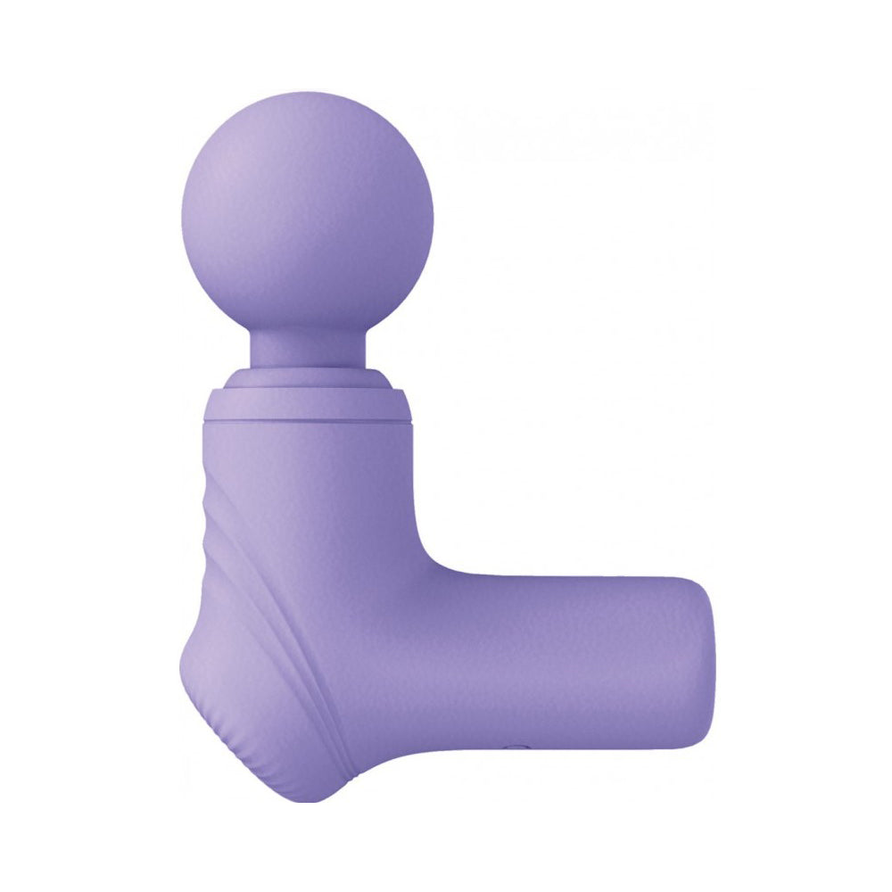 A purple silicone vibrator with a spherical head and a pistol-grip handle.
