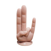 A pink silicone dildo shaped like a hand with two fingers extended.