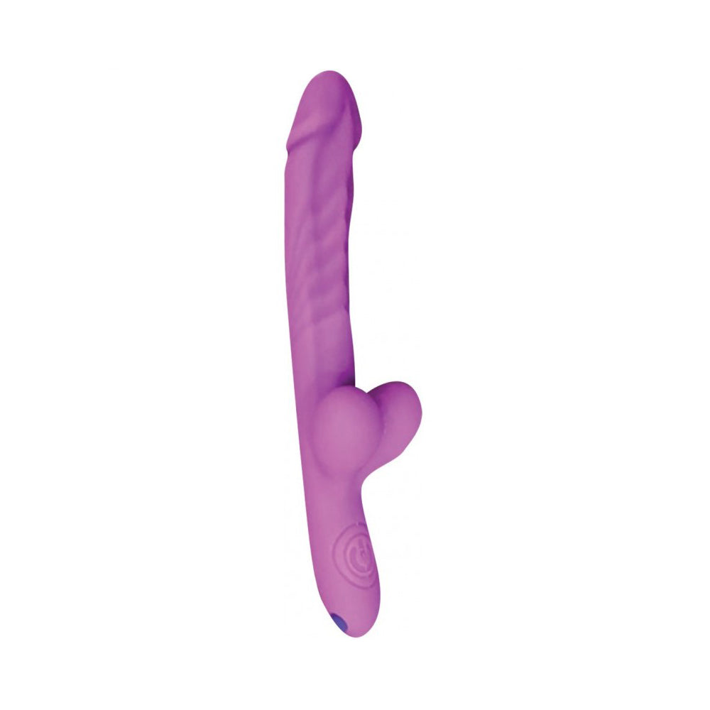 Slim purple keychain vibrator with textured shaft and clitoral stimulator.
