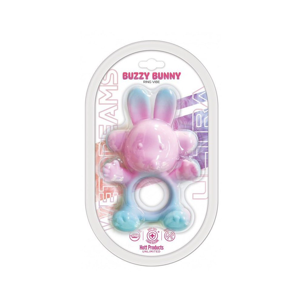 Pink and blue silicone Buzzy Bunny ring vibe in packaging.