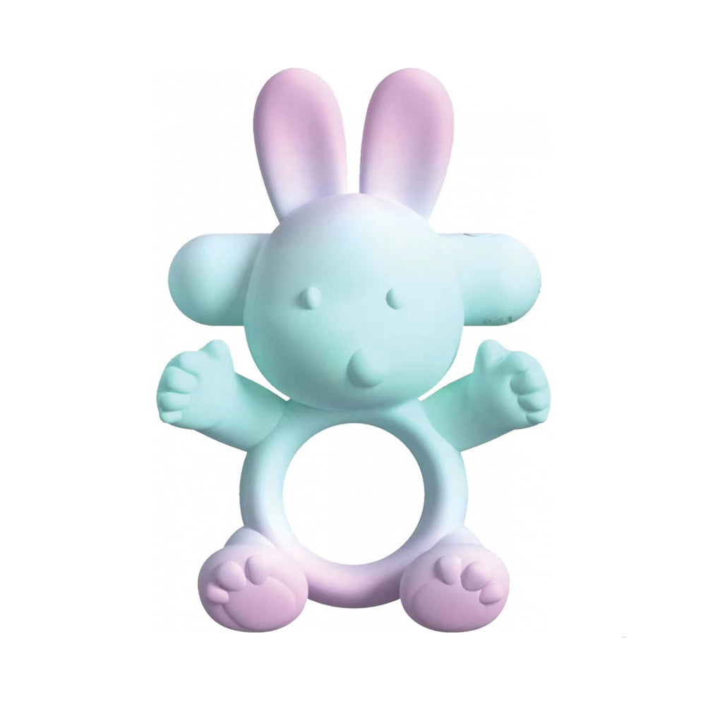 A pastel gradient silicone bunny teether with a ring.