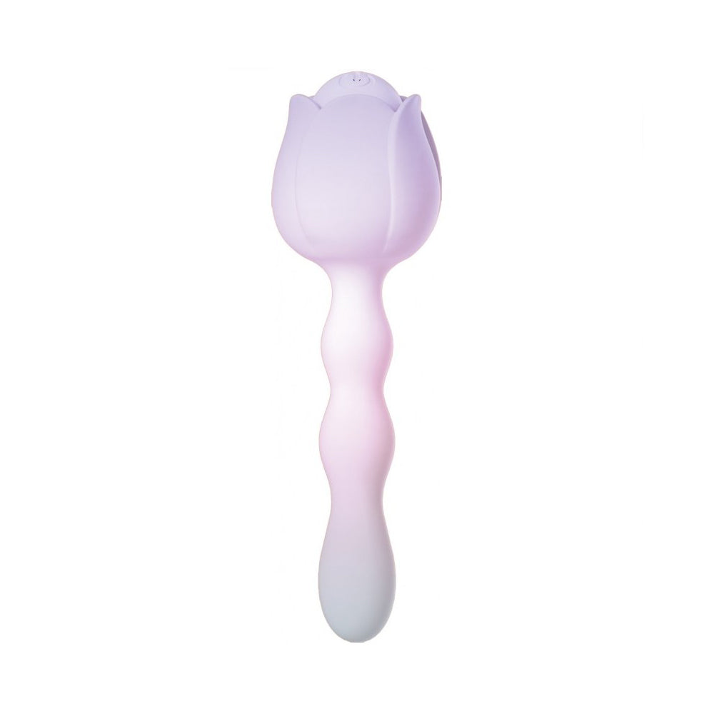 A light purple silicone vibrator shaped like a rosebud with a curved stem.