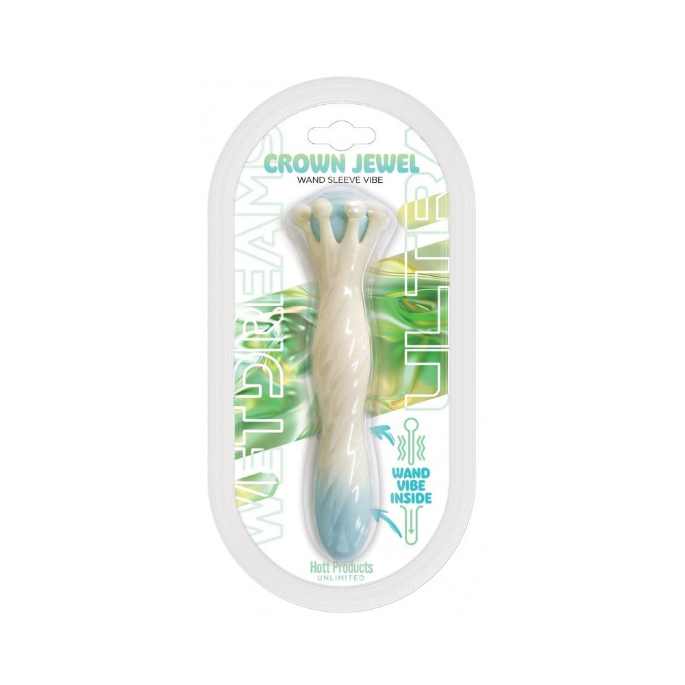 Crown Jewel wand sleeve vibe in packaging with a cream and blue gradient vibrator.