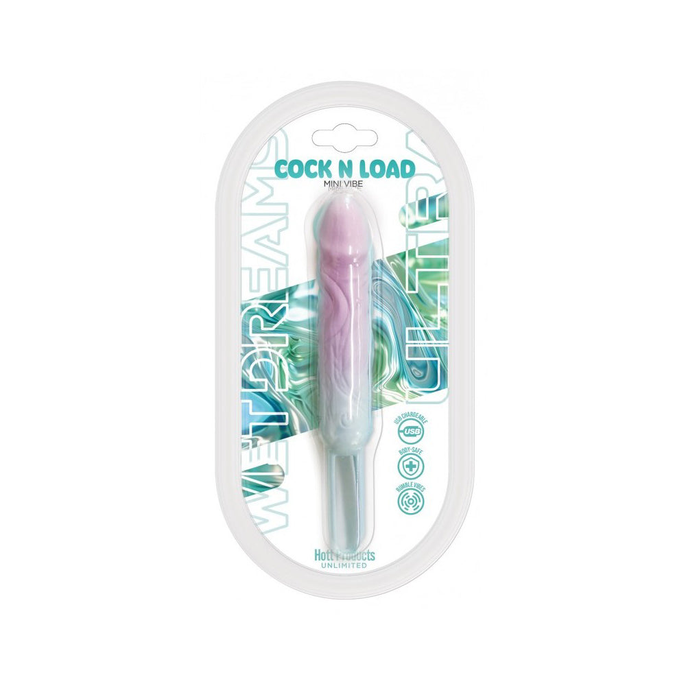Cock N Load Mini Vibe vibrator in pink and blue gradient, in packaging.