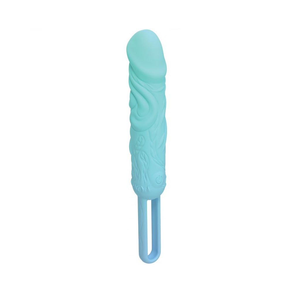A teal silicone vibrator with a textured shaft and a U-shaped handle.