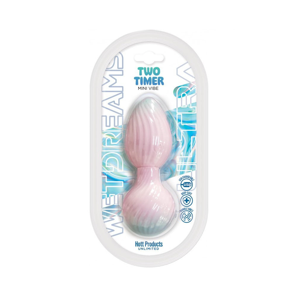 Two Timer Mini Vibe waterproof silicone vibrator in pink and blue.