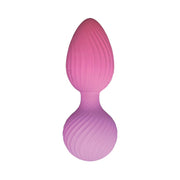 Pink and purple ribbed silicone vibrator with a bulbous base.