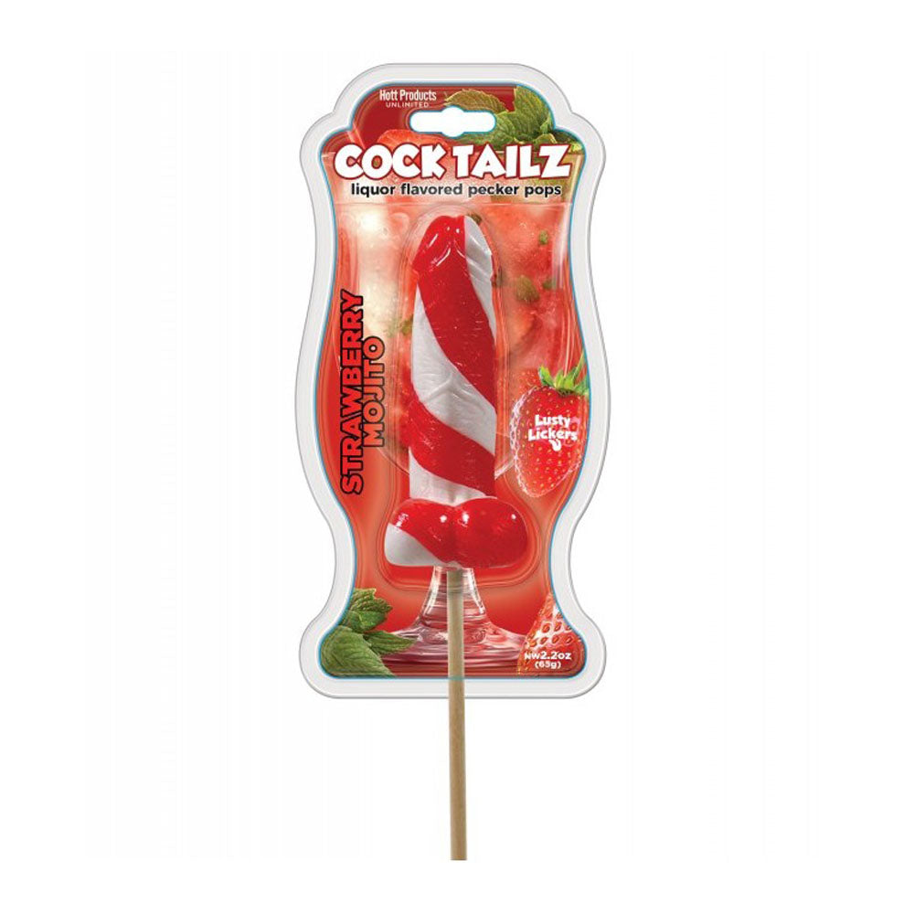 Strawberry Mojito liquor flavored pecker pops in packaging.