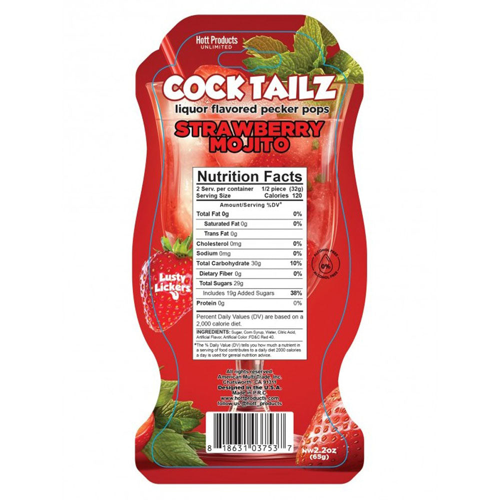 Strawberry Mojito liquor flavored pops in a red package with nutrition facts.