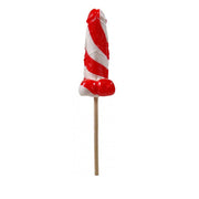 Red and white striped penis-shaped lollipop on a stick.