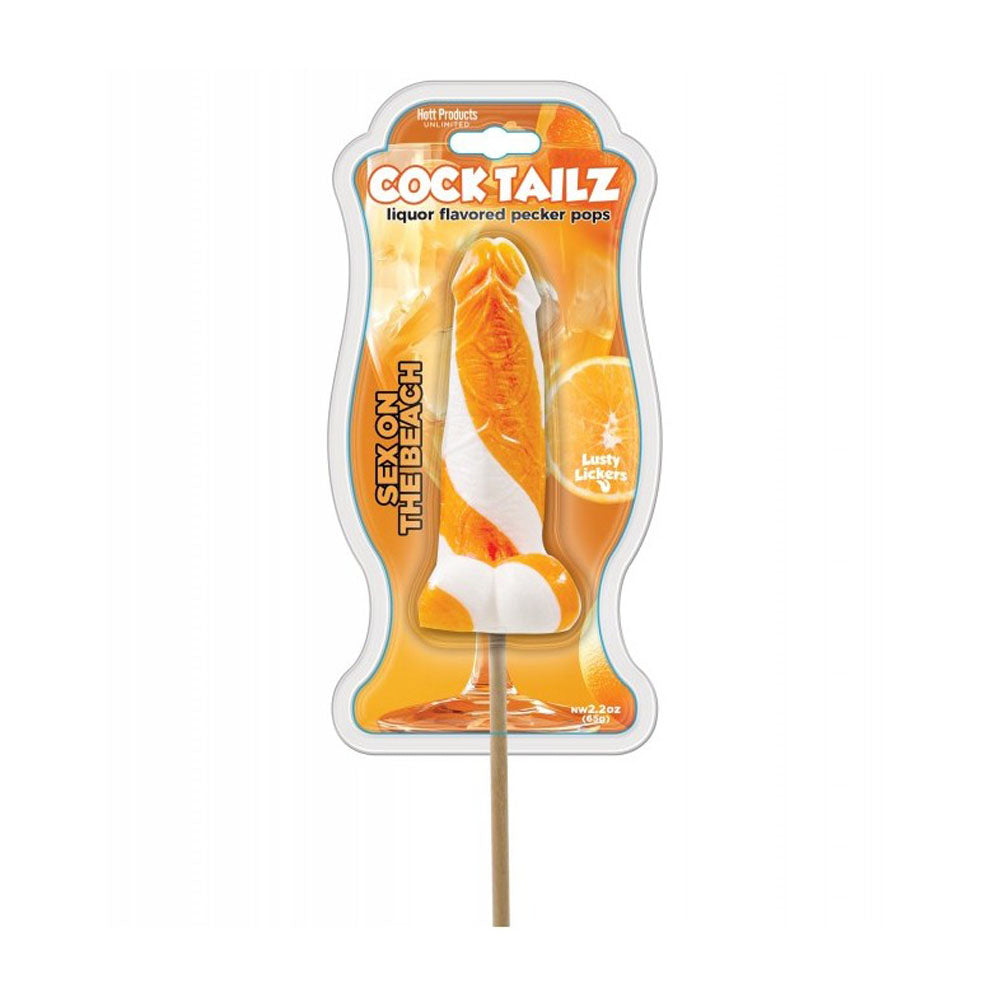 Orange and white swirled pecker-shaped lollipop with "Sex on the Beach" text.