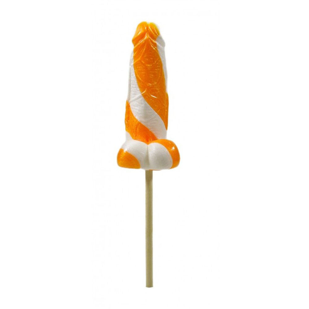 Orange and white striped phallic-shaped lollipop on a stick.