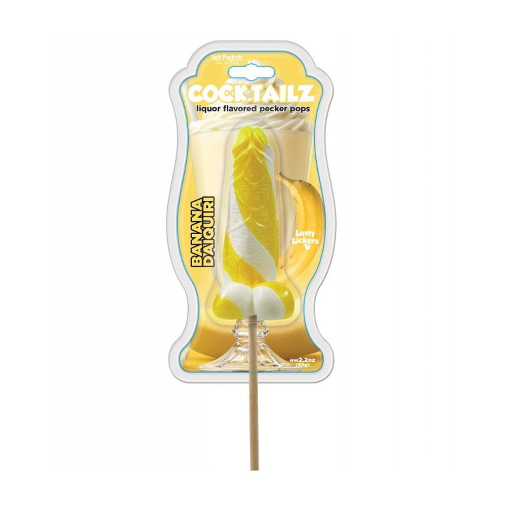 Banana Daiquiri flavored pecker pop in packaging with banana imagery.