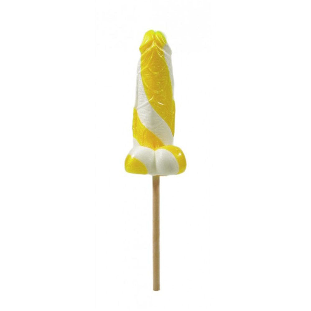 Banana daiquiri flavored pecker pop lollipop with yellow and white stripes.