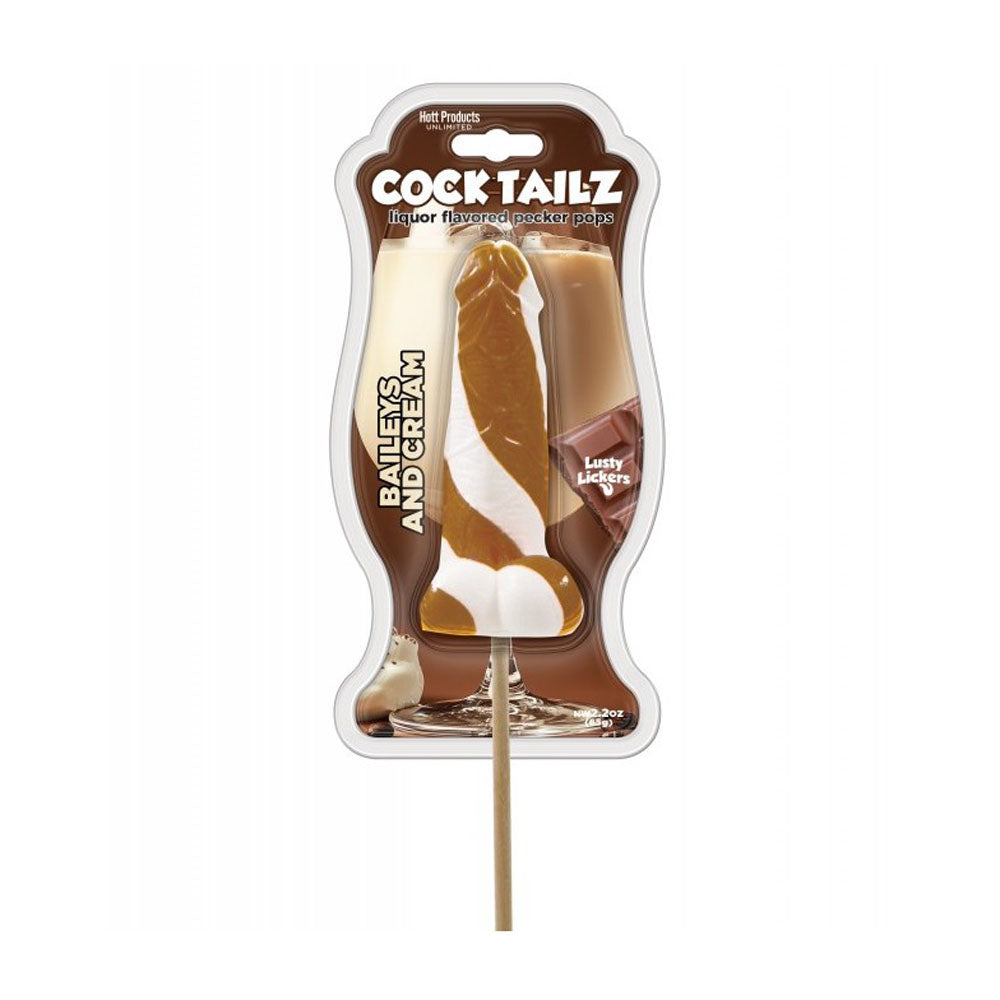 Baileys and Cream liquor flavored pecker pops in packaging.