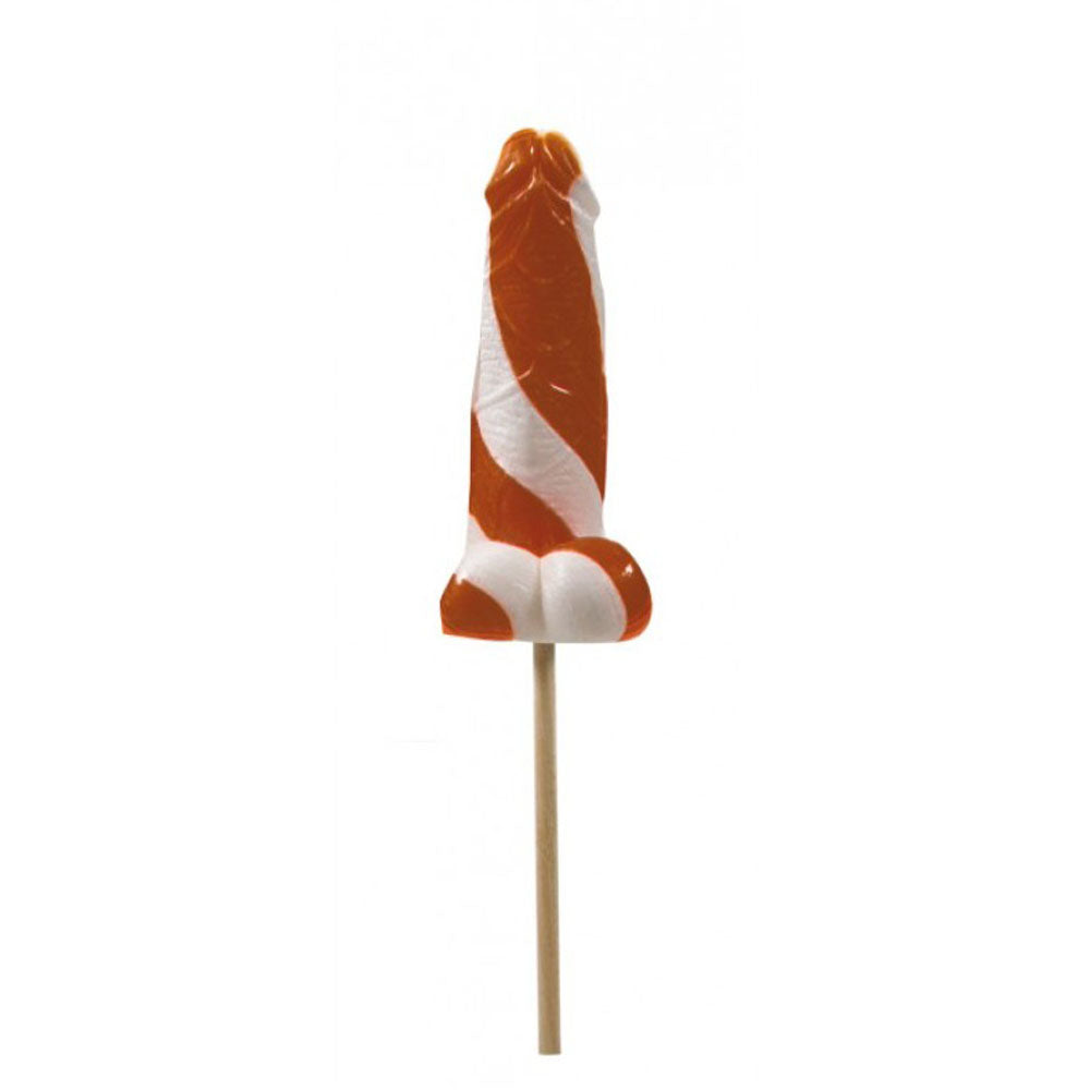 Orange and white striped penis-shaped lollipop on a stick.
